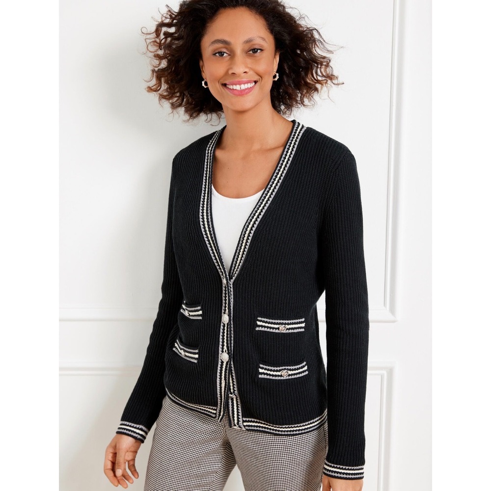 Talbots Petite Black Cotton Cardigan Sweater Striped Trim Gold Crest Buttons SP